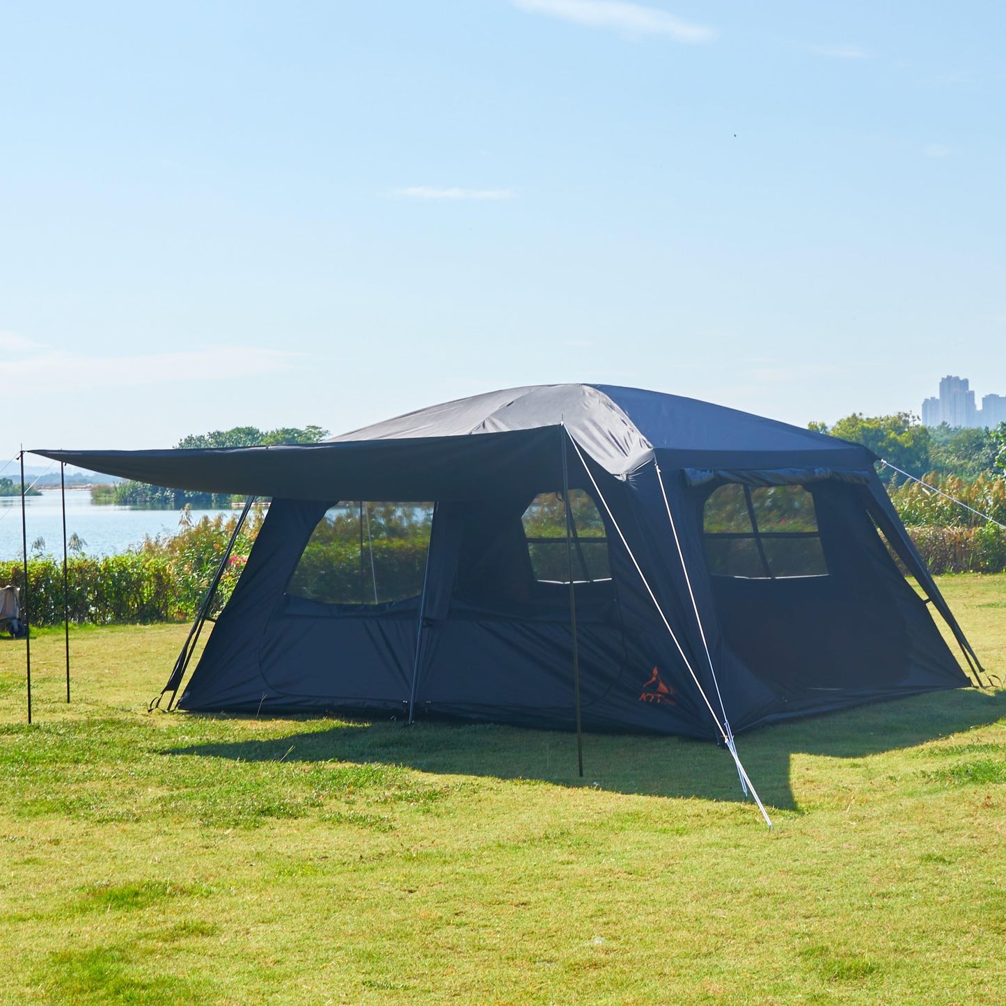 KTT Extra Large Tent 12 Person,Family Cabin Tents,Awning,2 Rooms,4 Doors and 4 Windows with Mesh,Straight Wall,Waterproof,Double Layer,Big Tent for Outdoor,Picnic,Camping,Family Gathering(Black)
