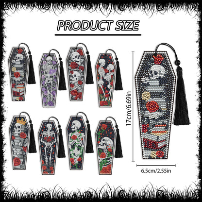 8 Pcs Gothic Skeleton Diamond Art Bookmarks Kit, Skull Halloween Diamond Painting Bookmarks with Tassels for Adults, DIY Horror Book Mark Craft Set for Women Men Reading Lovers