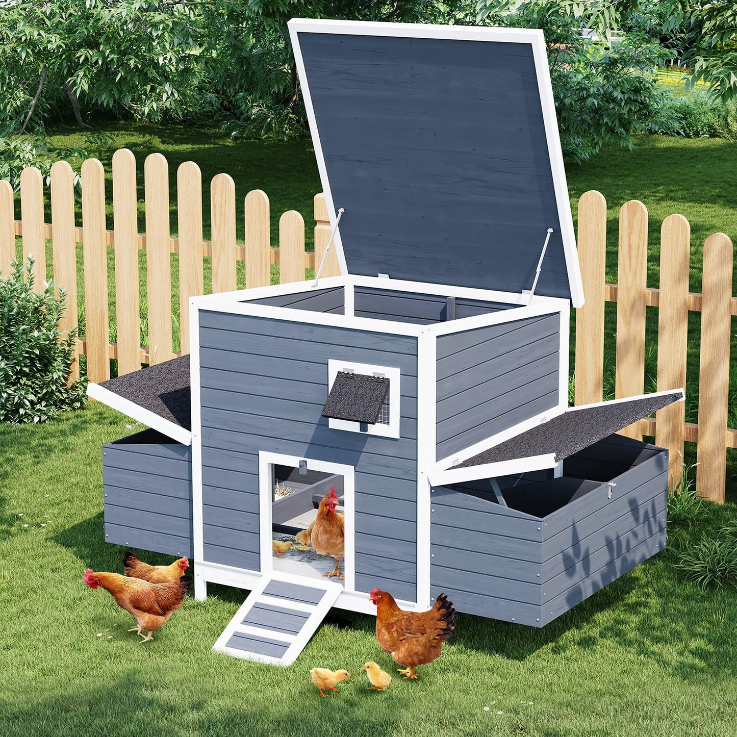GarveeTech Wooden Chicken Coop with Nesting Boxes & Lockable Doors, Outdoor Chicken House, Weatherproof Roof Pet Cage for Guinea Pig, Rabbit, Duck - 62.2x38.6x38.6 in