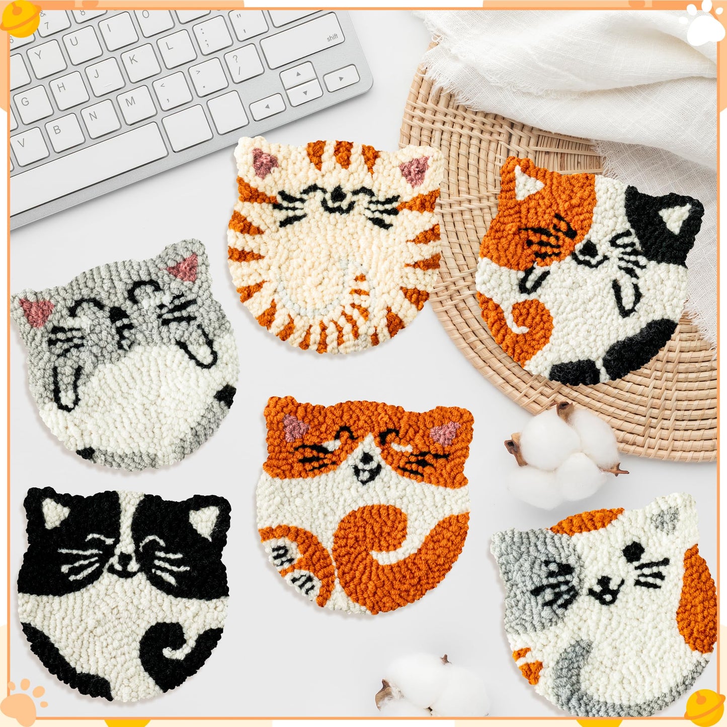 WATINC Cats Punch Needle Coaster Kit - 22Pcs Easy Art Work Decor Craft Supply for Beginners, DIY Set of 6 Puppy Pets Pattern Tufted Rug Pads with Adhesive Felt Yarns Embroidery Hoop Tools Instruction
