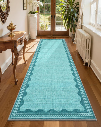 2.5x8 GarveeHome Scalloped Teal Runner Rug for Hallway Washable Kitchen Rugs Non Slip Solid Modern Soft Low-Pile Indoor