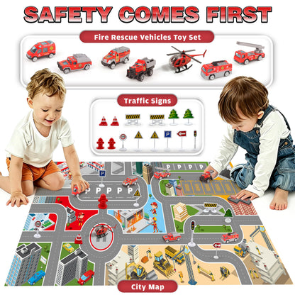 Transport Airplane Toy with 7 Rescue Vehicles/helicopter,1 Play Mat,14 Road Signs,Dual Form Airplane Toy Set with Lights and Sounds,Automatic Propellers, Cars Ejection, Gift for Boys and Girls Age 3+
