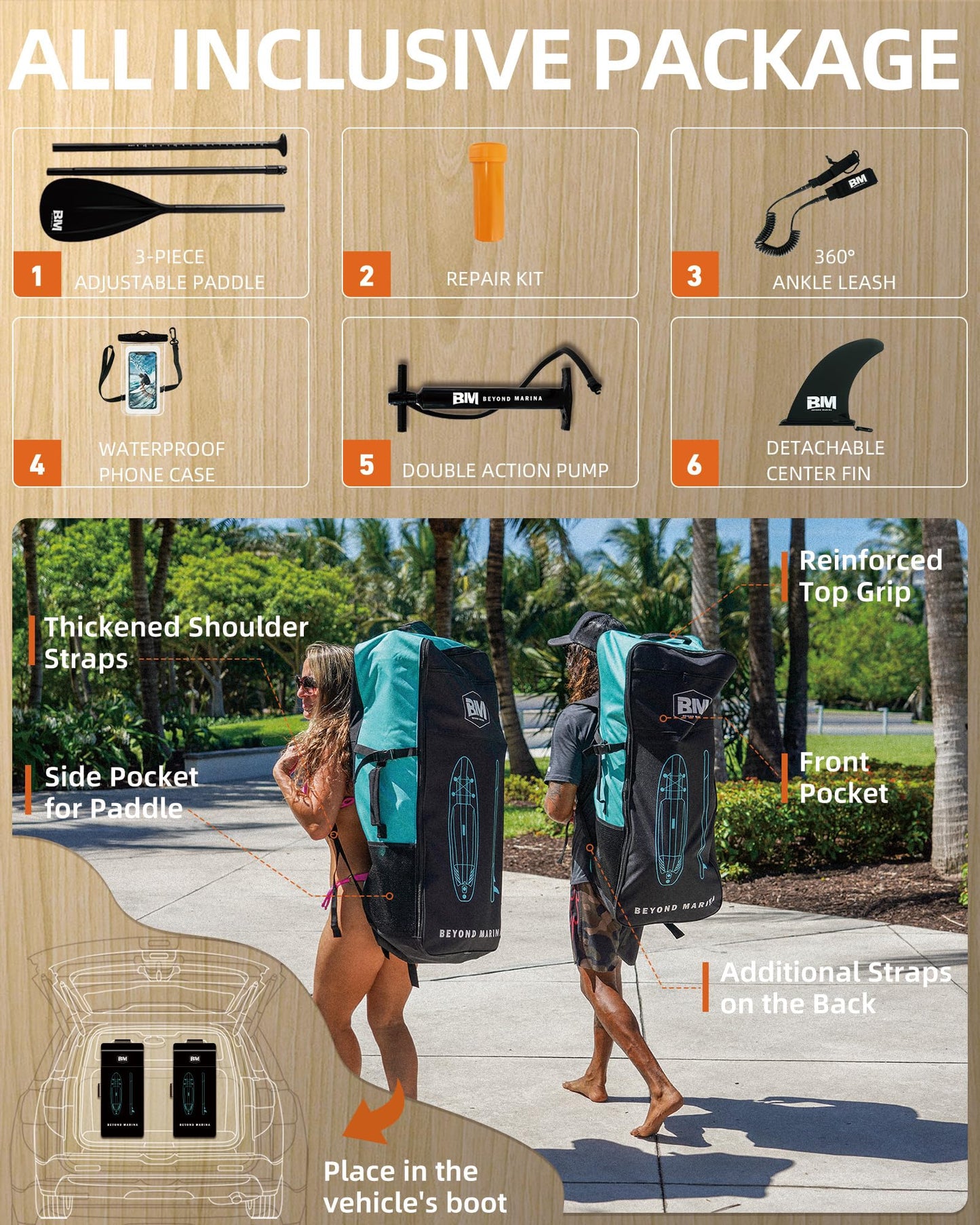 BM Paddle Board Inflatable Stand Up Paddle Board, SUP Paddleboard for Adult, Premium Accessories | Non-Slip EVA Deck & Foam Handles, Camera Mount, Double Action Pump, 85L Travel Backpack, Oak