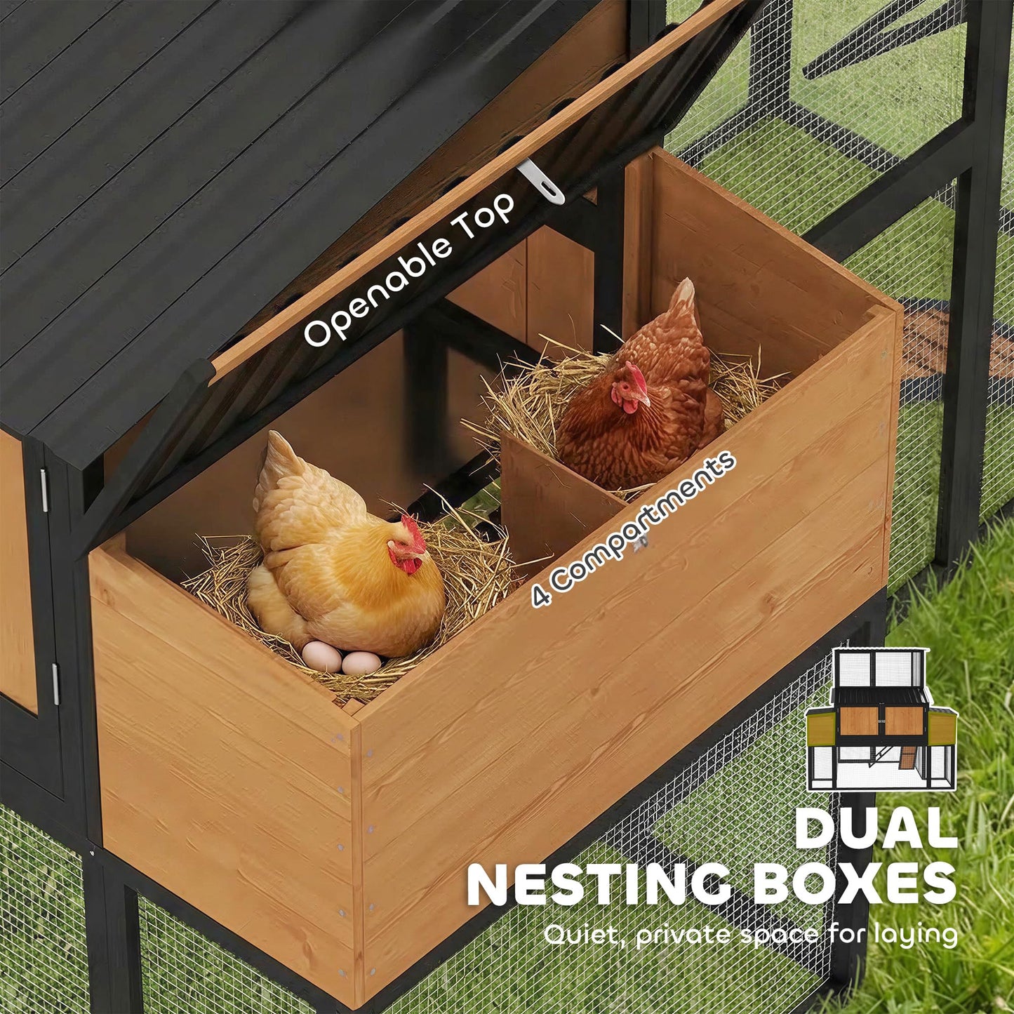 PawHut 105" Large Chicken Coop, Walk-in Wooden Hen House for 7-12 Hens, Poultry Cage Chicken House with Run, 2 Nesting Boxes, Roosting Bars, Waterproof Roof and Ramp, Yellow