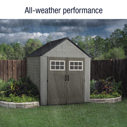 Rubbermaid 7 Foot by 7 Foot Weatherproof Outdoor Storage Shed for Garden Tools and Lawn Machinery Organization with Lockable Double Door Sandstone