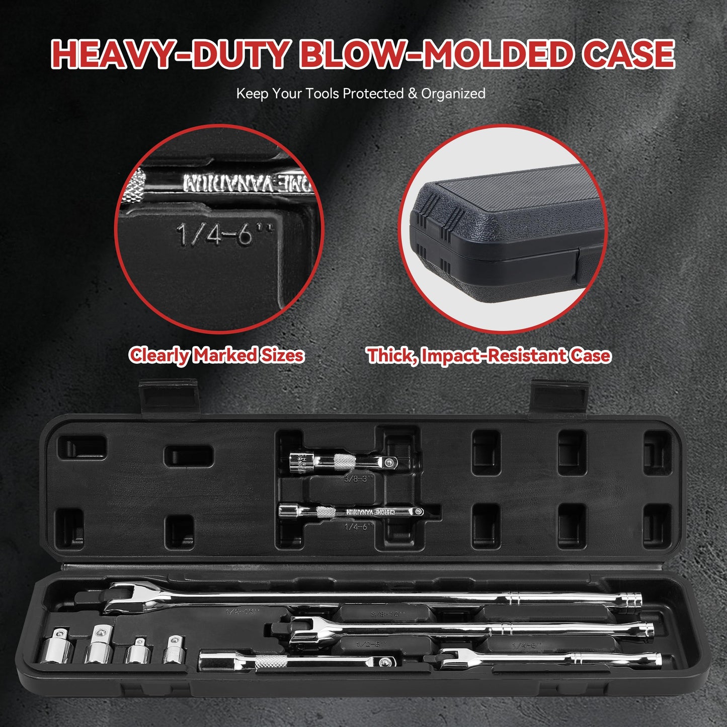 10 Piece Breaker Bar Set, 3/8" , 1/2" and 1/4" Drive, 180° Rotatable Head, 6'', 10'', 15'' Length, 3 Extension Bars, Organizer Case