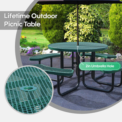 Sunnibety 8-Person Picnic Tables for Outdoors, Industrial 46" Expanded Metal Round Picnic Table with 4 Benches & Umbrella Hole, Outside Table and Bench Set for Park, Garden, Backyard, Patio, Green