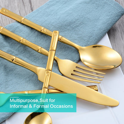 Flatasy Silverware Set Gold Flatware Set Stainless Steel Bamboo Handle Cutlery Set Mirror Polished 60 Pieces for Home Kitchen Restaurant Hotel Wedding Housewarming Gift Service for 12