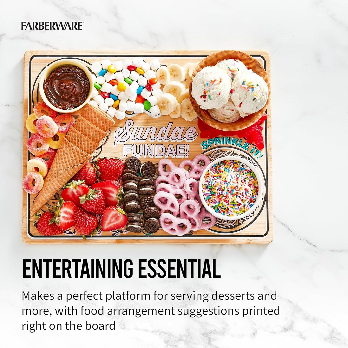 Farberware Sundae Board with Recessed Handles, Reversible Kitchen Cutting Board, 11x14-Inch, Bamboo