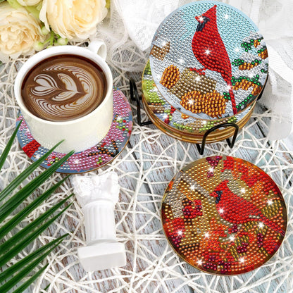 Cardinal Diamond Art Coasters Kit, 8 Pcs Red Bird Diamond Painting Coaster with Holder and Cork Pads, Non-Slip DIY Coasters Art for Adults Beginners DIY Craft Home Decor, Christmas Birthday Gifts