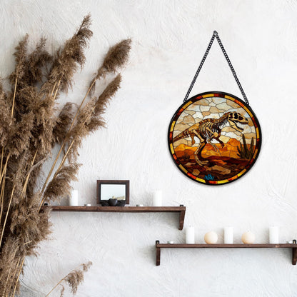 Hiuwevt Dinosaur Skeleton Suncatcher Stained Glass Window Hanging, Prehistoric Dino Fossil Sun Catchers Indoor Window Glass Wall Art Decor, Dinosaur Round Wall Hanging Decorations, 7.9x7.9 inch