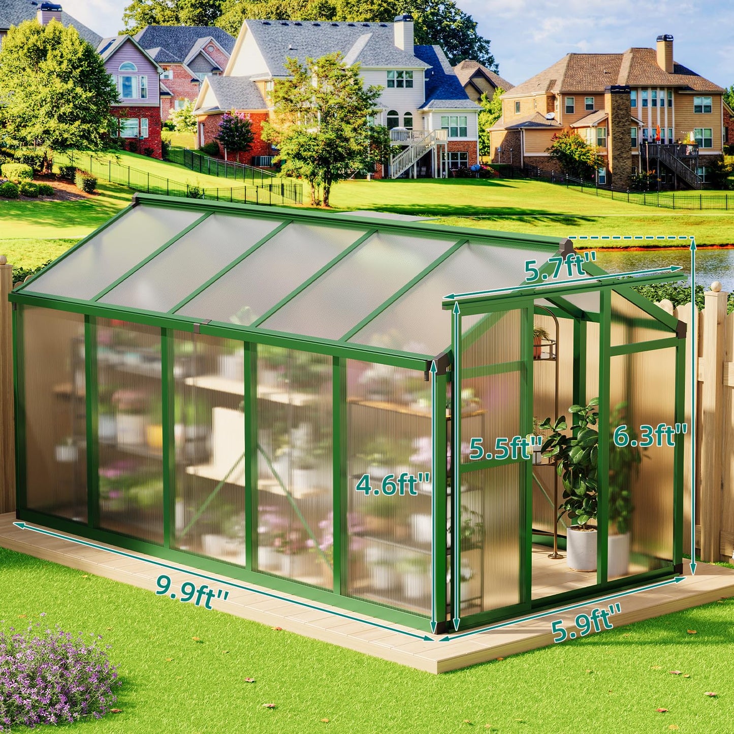 GAOMON Walk in Polycarbonate Greenhouse for Outdoors, 6 x 10 ft Backyard Greenhouse with Reinforced Aluminum Frame, Roof Vent, Lockable Door, Rain Gutter, Easy Assembly, Green