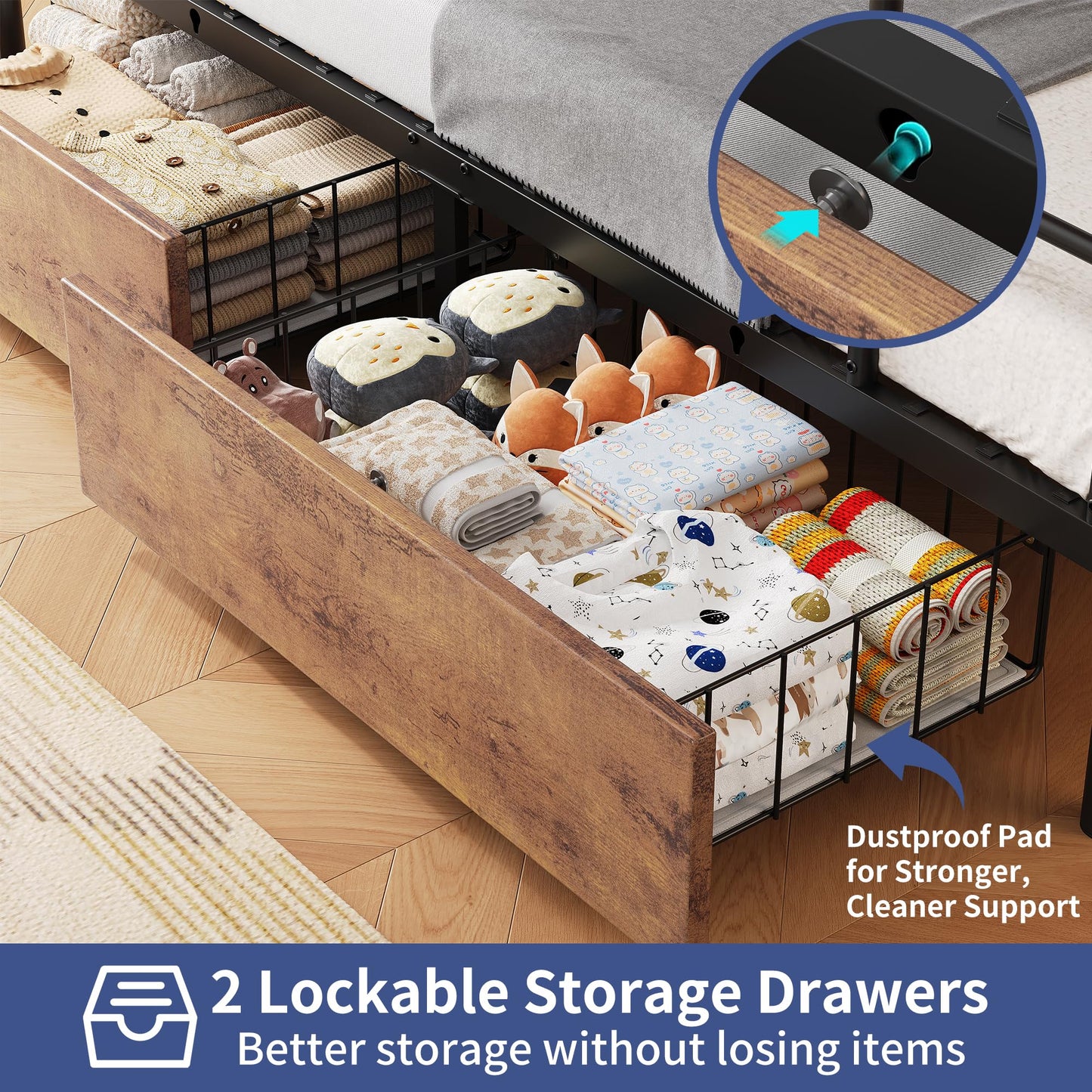 Jocoevol Metal LED Bunk Bed Twin Over Twin with 2 Storage Drawers, USB Charging Station, Industrial Bunkbeds Heavy Duty Bed with Safety Guardrail and Ladder, No Box Spring Needed, Vintage Brown
