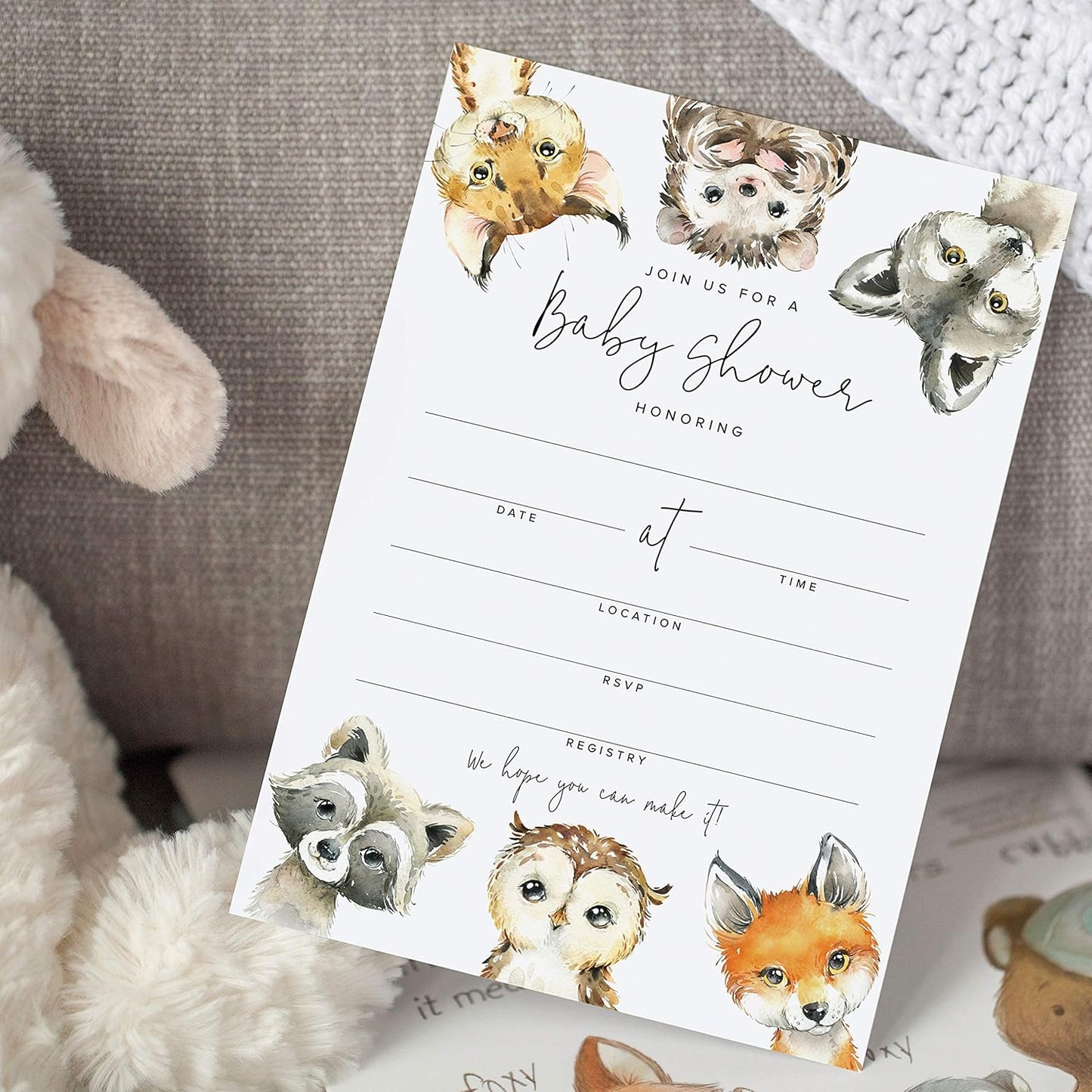 Bliss Collections 25 Baby Shower Invitations with Envelopes, Woodland Animals, Gender Neutral 5x7 Cards