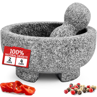 PriorityChef Granite Mortar and Pestle Set - 6.1 Inch Natural Stone Molcajete Mexicano for Spices, Seasonings, Pastes - Pestle and Mortar Bowl for Fresh Guacamole, Salsa, Pesto, Small, Grey