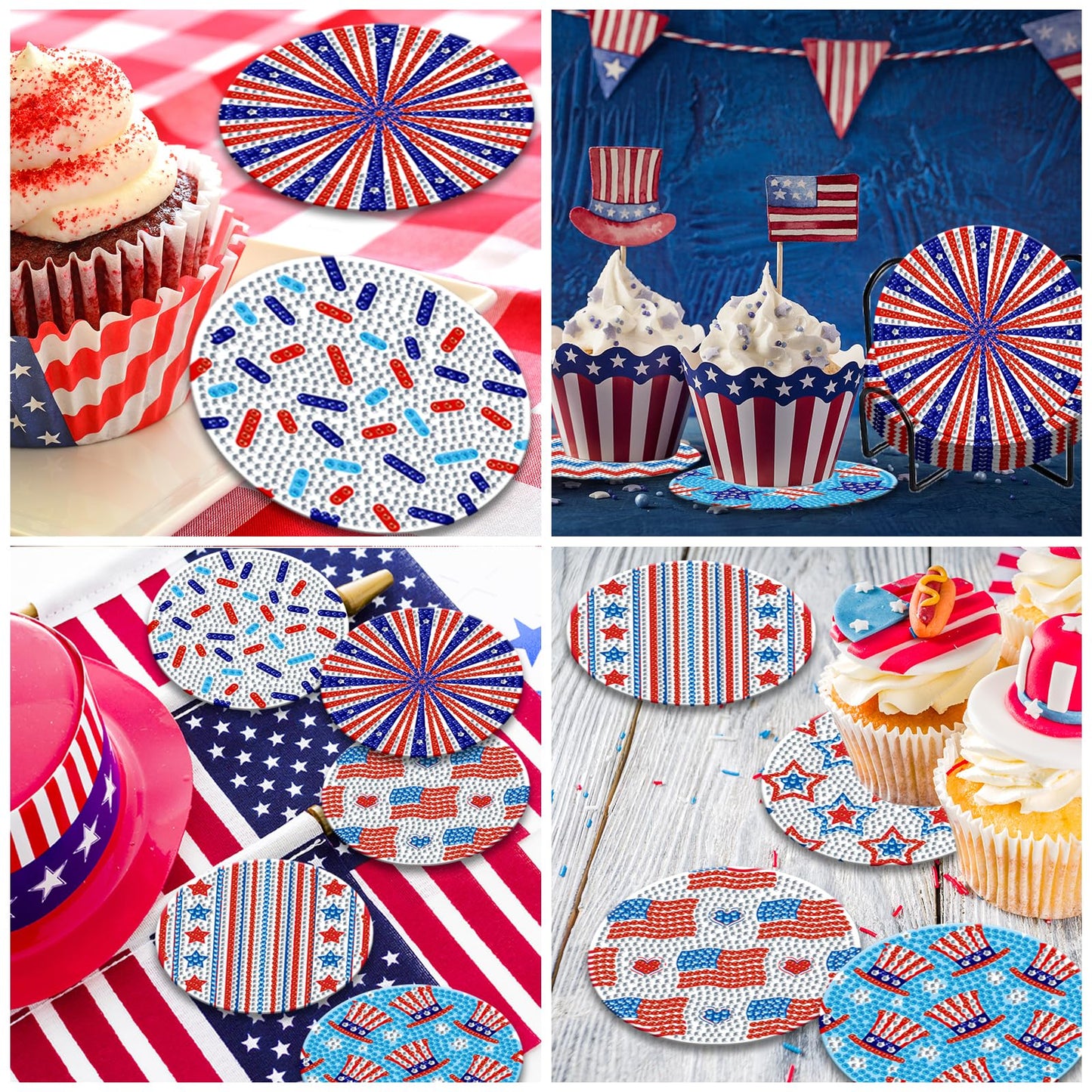 8 Pieces Patriotic Diamond Coasters with Holder DIY Cute 4th of July Diamond Art Coasters 5d Independence Day 5d Diamond Coasters for Beginners Adults Art Craft Supplies Gift