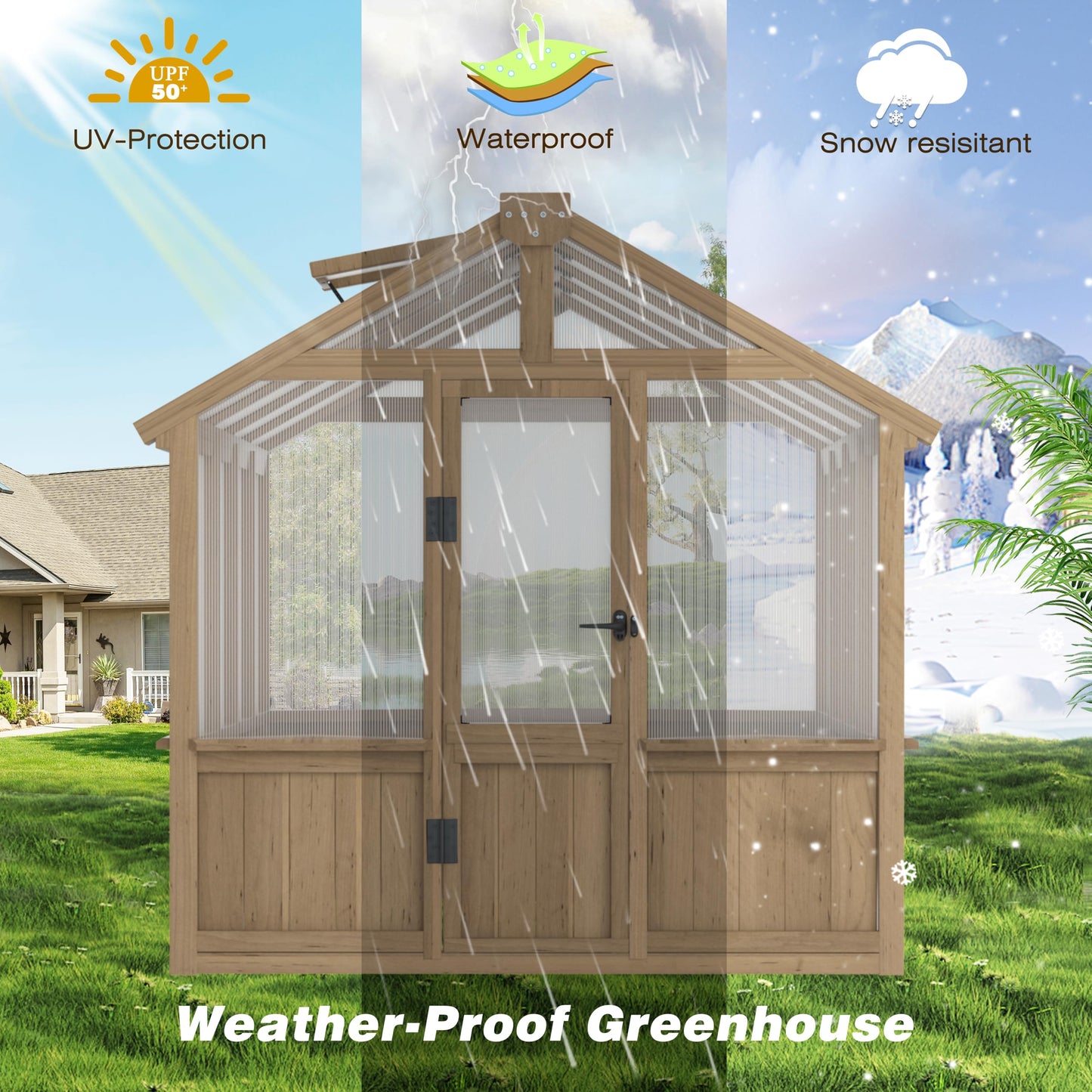 Yardenaler 6x8 FT Greenhouse Kit for Outdoor, 6MM Thick Polycarbonate Panel Wooden Walk-in Green House with Lockable Door and Adjustable Roof Vent, Backyard Garden, Light Mocha Brown