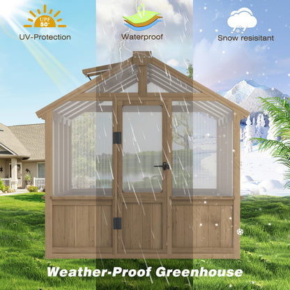Yardenaler 6x8 FT Greenhouse Kit for Outdoor, 6MM Thick Polycarbonate Panel Wooden Walk-in Green House with Lockable Door and Adjustable Roof Vent, Backyard Garden, Light Mocha Brown