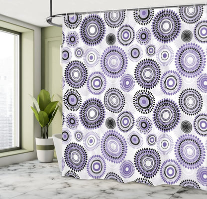 Ambesonne Floral Shower Curtain, Abstract Medallion Pattern Round Shape with Leaves Balls Floral Flowers, Cloth Fabric Bathroom Decor Set with Hooks, 69" W x 75" L, Purple White