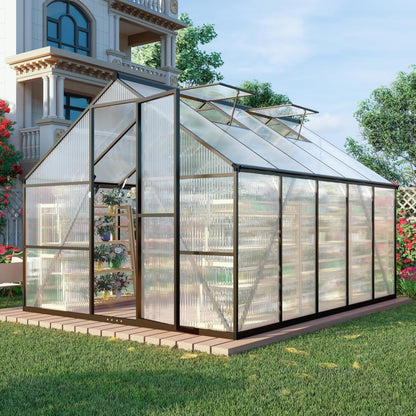 8x10 FT Greenhouse for Outdoors, Polycarbonate Greenhouse with Quick Setup Structure and Roof Vent, Aluminum Large Walk-in Green House for Outside Garden Backyard, Dark Gray