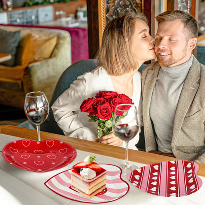 QZYL 48 PCS Valentines Plates, 9 IN Disposable Heart Shaped Plates, Red Pink Heart Design Heart Plates Valentines Paper Plate, Pink Dinnerware VD Party Supplies Wedding Table Decor