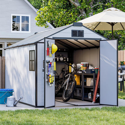 DNYKER 8 x 12 FT Resin Outdoor Storage Shed, All-Weather Plastic Garden Shed with Floor, Lockable Doors & Windows, Plastic Tool Shed for Poolside, Backyard, Patio
