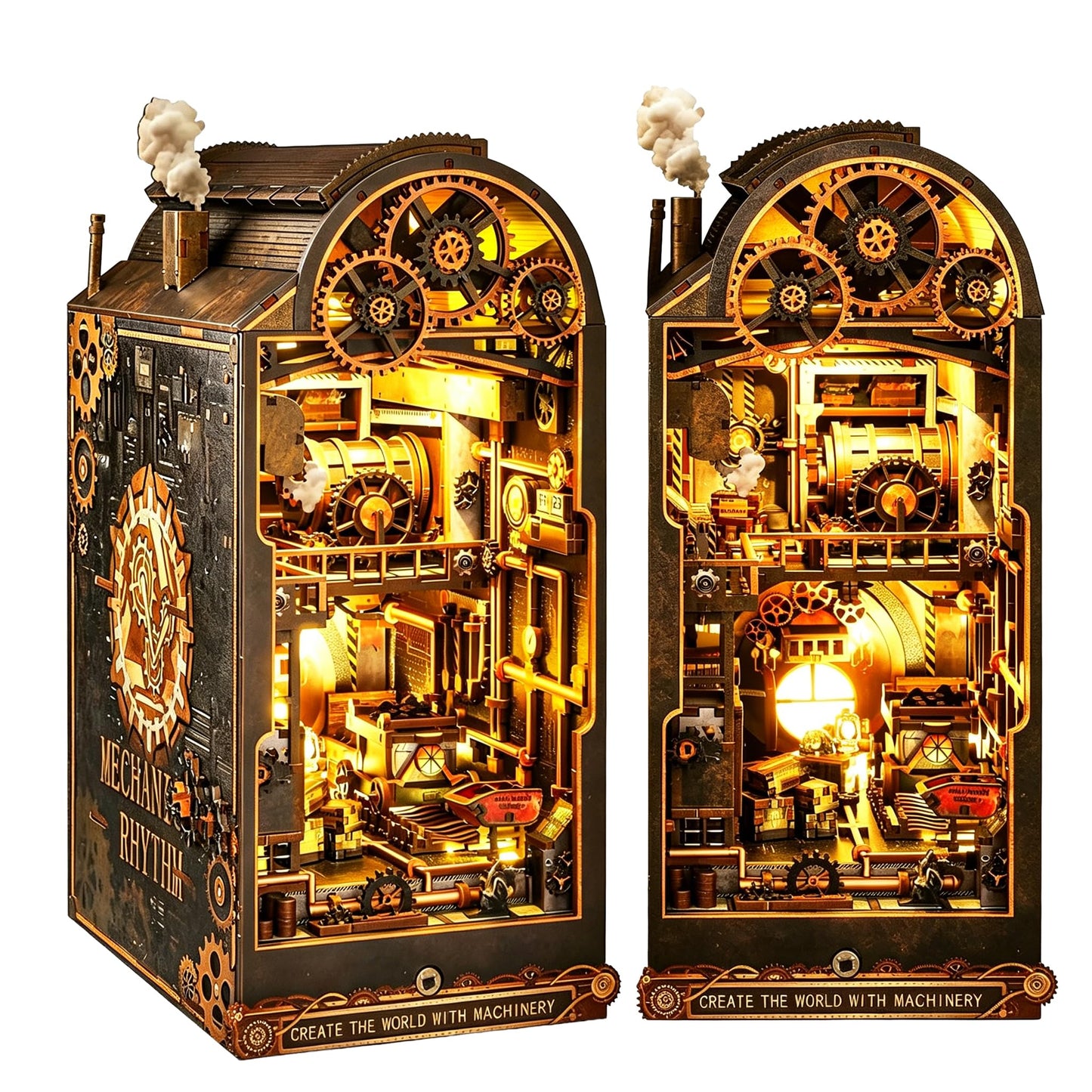 DGRENA Book Nook DIY Miniature House Kit, Steampunk Industrial 3D Wooden Puzzle Bookend with Touch LED Lights, Rotating Gears Mechanical Bookshelf Insert Decor Crafts for Adults Teens Gift