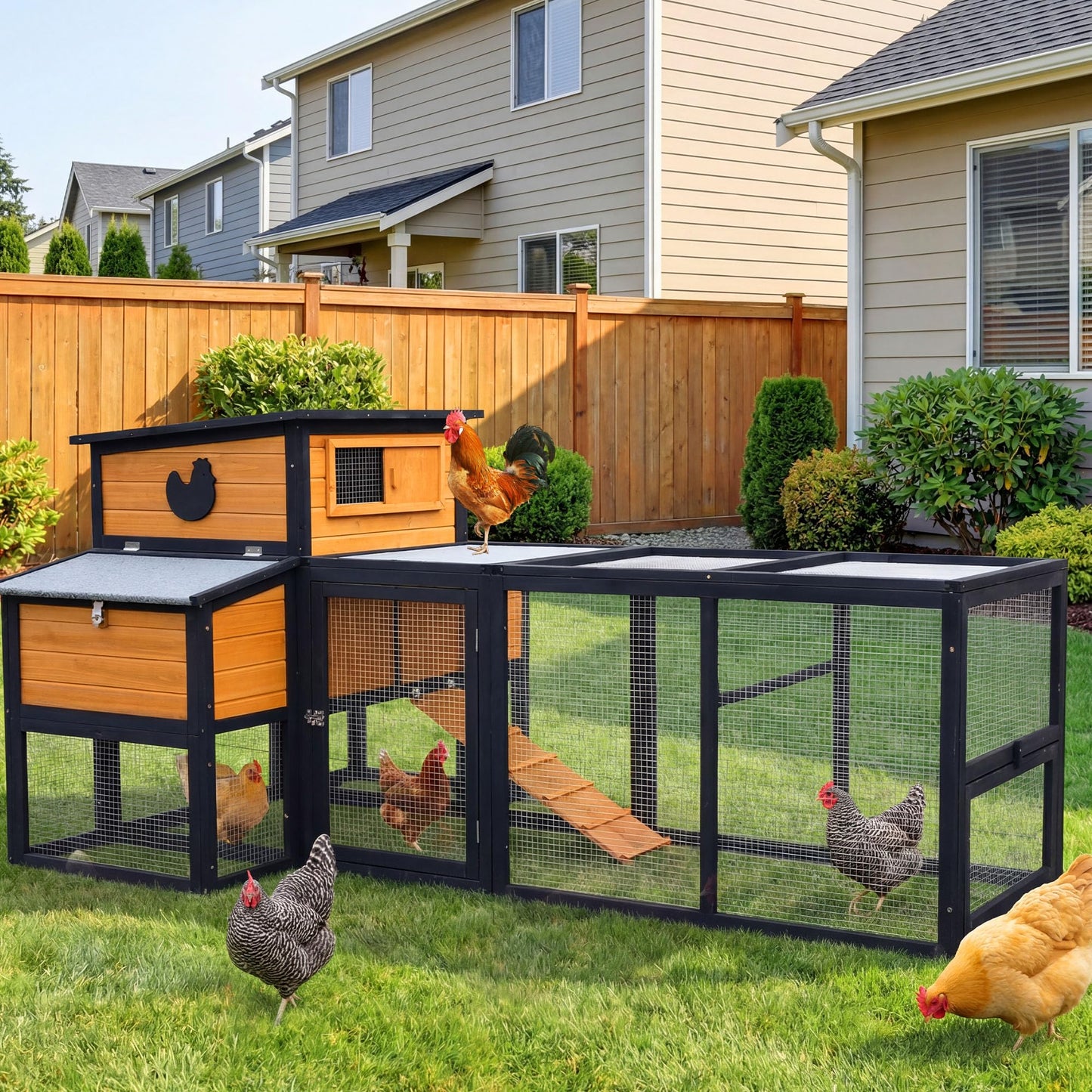 RUNSHED 83" Large Wooden Chicken Coop with Run, Outdoor Chicken House for 4-6 Chickens, Ventilation Window & Sliding Doors, Waterproof Felt Roof, Easy-Clean Full Rear Door, Predator-Proof Latches
