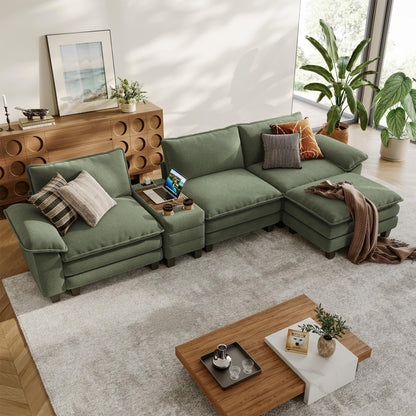 LINSY HOME Modular Sectional Sofa for Living Room, Corduroy Cloud Couch with Storage Console, USB Charging, Cup Holders, Comfy Modern Modular Cloud Couches with Movable Ottoman (Green)