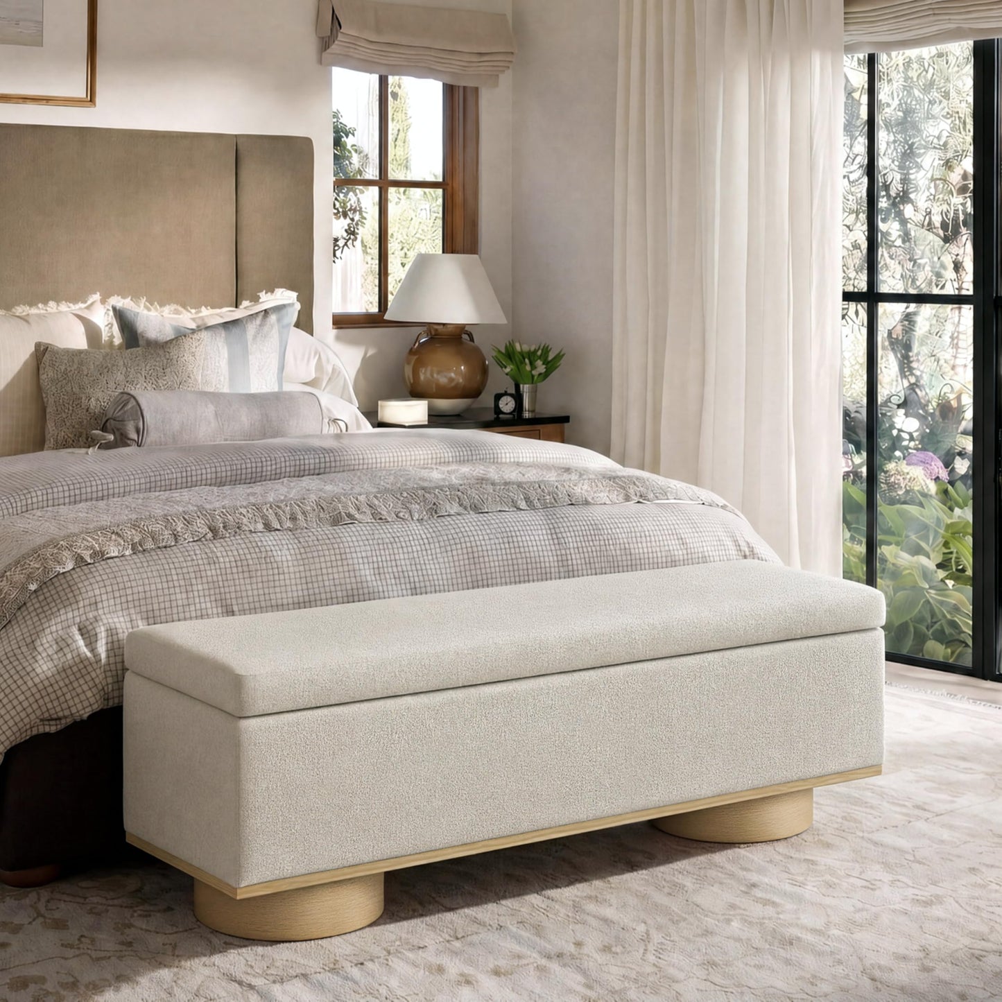 Christopher Knight Home Angie 50" Upholstered Storage Bench for Bedroom, Rectangular Foot Stools Ottoman, Entryway Wood Ottoman Bench, End of Bed Bench, Living Room Sofa Extra Seat, Oatmeal+Natural