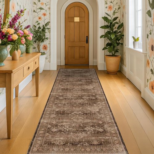 Brown 10ft Long Kitchen Runner Rug | Washable Non-Slip Boho Vintage Indoor Rug 2'6"x10'
