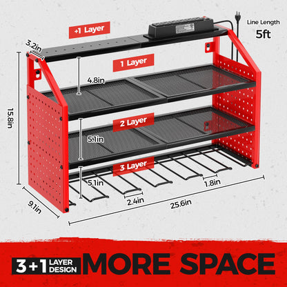 LBT Power Tool Organizer With Charging Station,Patented,Heavy Duty Steel,6 Drilling Rig Sizes With Hooks And Screw Boxes,6 sockets,Easy To Install Garage Storage Rack,Great Gift For Men, Red