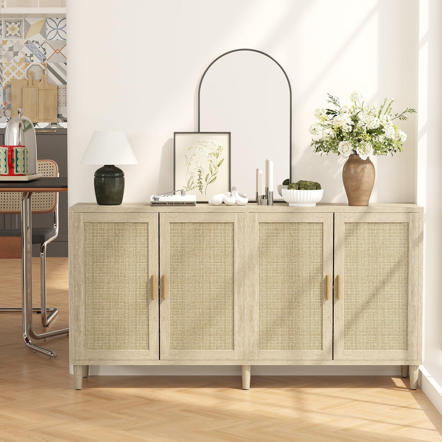 GDFStudio 70.08" Modern 4-Door Sideboard Buffet Cabinet, Rattan MDF Credenza Storage Cabinet with Adjustable Shelves, Bohe Console Table with Solid Wood Legs for Living Room Kitchen Hallway, Natural