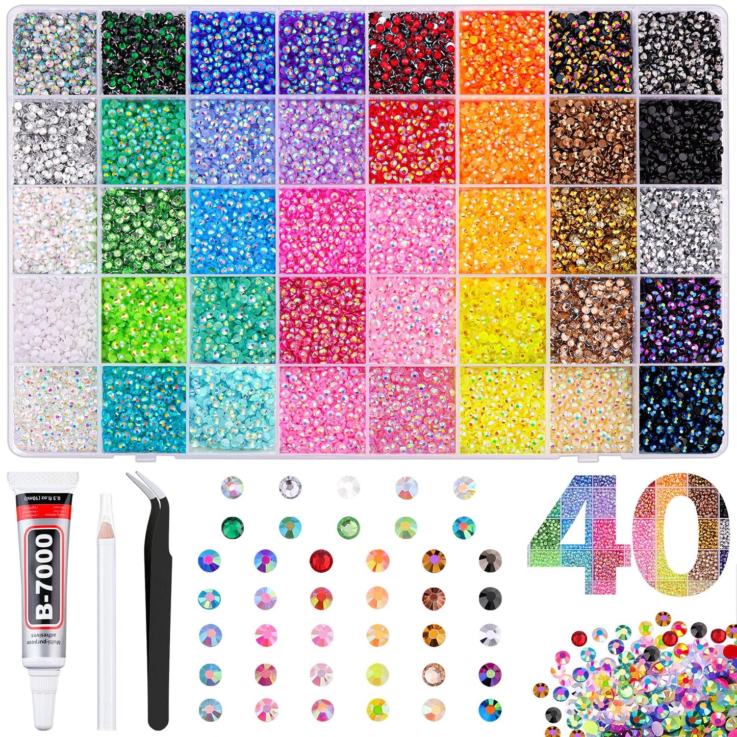 40000Pcs Resin Jelly Rhinestones for Bedazzling, 3mm Mixed-Color Flatback Gems for Diamond Art, Bedazzler Kit with 1Pcs 10ml B7000 Jewelry Glue for Crafting Crafts Book Shoes Nail Art