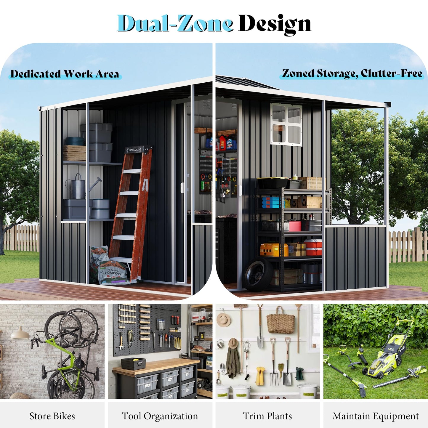 VanAcc 10×10.5×7 FT Metal Storage Shed, Dual-Zone Tool Shed with Work Area, Reinforced Frame, Gable Roof, Ventilated Design, Dark Grey