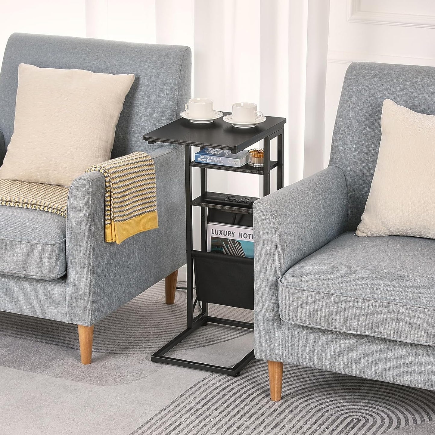 28"(H) 3-Tier C Shaped End Table with Charging Station, C Table with Storage Bag, Under Couch Table C-Shaped End Table