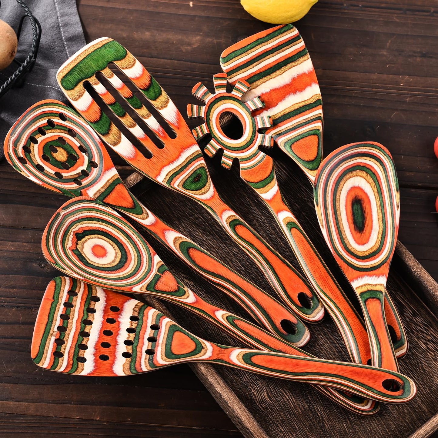 Gudamaye Pakkawood 7-Piece Red Wooden Cooking Utensils, Wooden Spoons for Cooking,Wooden Spoon Set, Wooden Kitchen Utensil set, Pakkawood kitchen Utensils for Serving, Bridal Shower Gifts