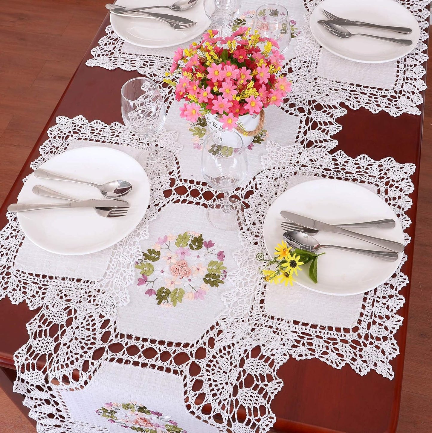 Dresser Scarf Handmade Crochet Cotton Lace Table Runner, Ribbon Embroidery (17 x 56 inches)