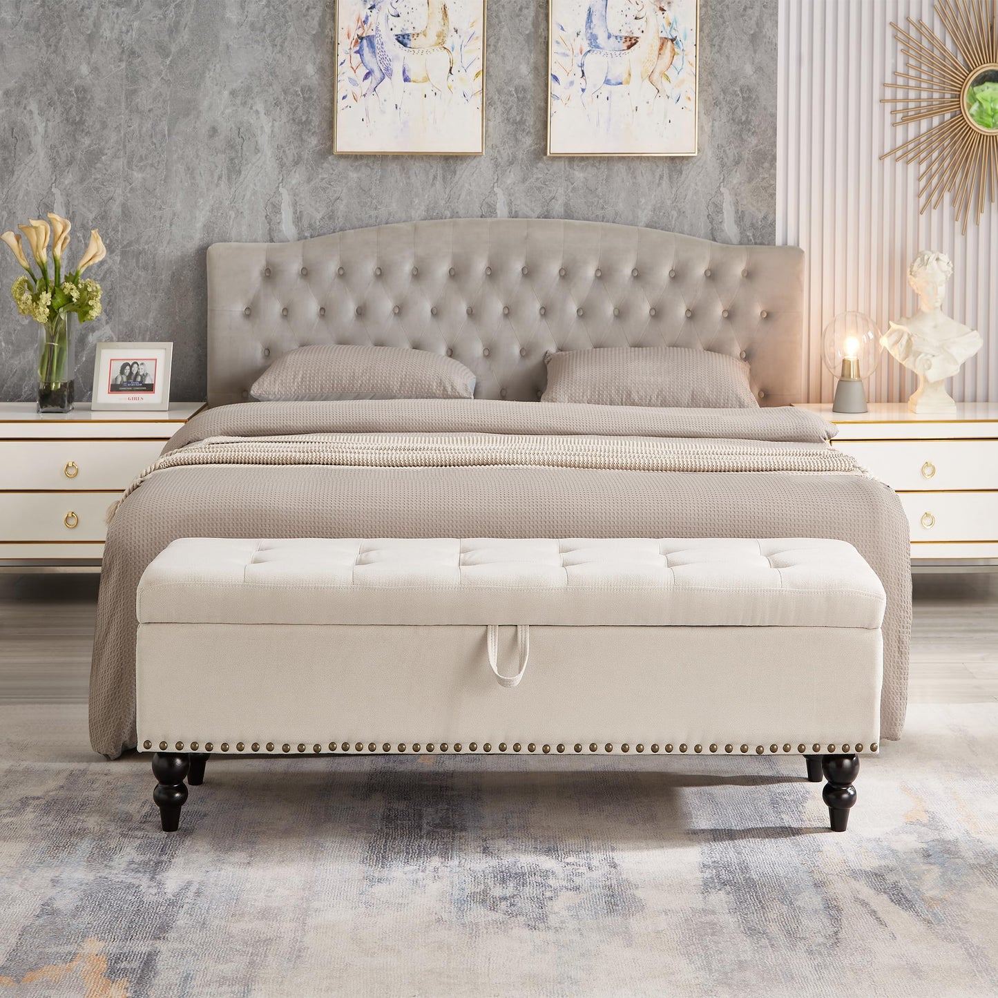 GDFStudio 59" Mid-Century Modern Rectangle Storage Ottoman Bench, Button Tufted Lift-Top Linen Ottoman Foot Rest with Solid Legs and Nailhead Trim, Upholstered Oversized Pouf for Living Room, Beige