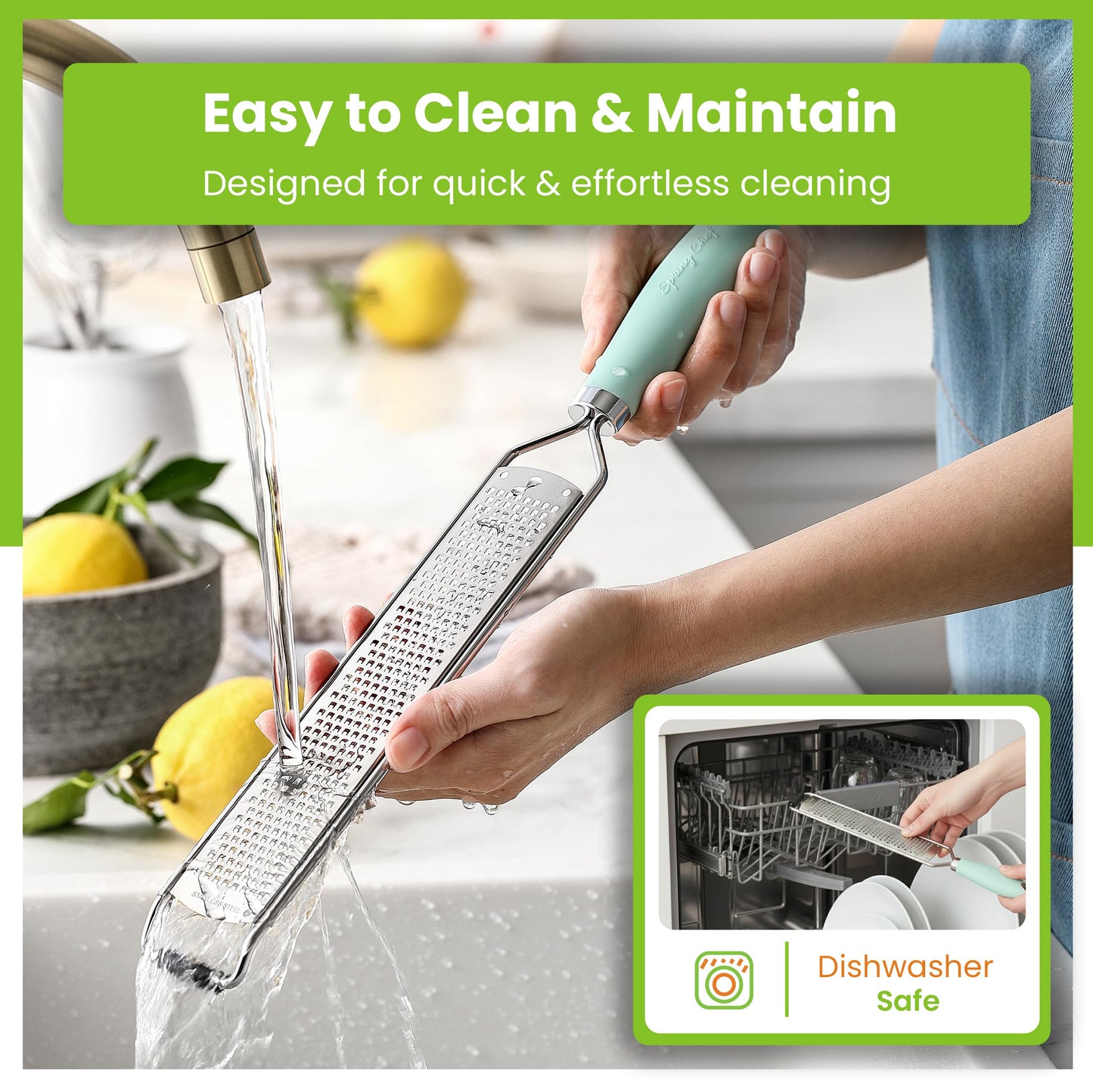 Spring Chef Stainless Steel Lemon Zester Grater with Handle - Garlic, Cheese, Parmesan, Nutmeg, Lime, Ginger Grater - Heavy Duty Kitchen Tool - Citrus Zester with Blade Cover - Fine Shred - Mint