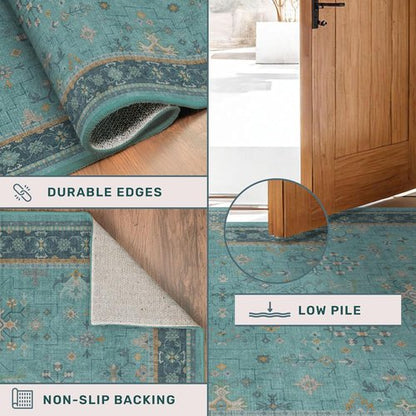 Hazo Haus Teal Non-Slip Kitchen Rug | Washable 3x6 Vintage Floral Indoor Runner