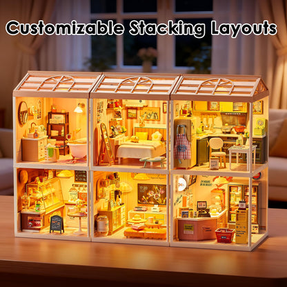 Tkmango Bakery Shop DIY Miniature House Kit with Roof & LED Light, Stackable & Connectable Dollhouse Kit with Dustproof Door, Creative DIY Crafts Building Toy Gift for Adults Teens