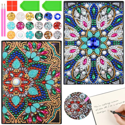 AUAUY 2Pack Boho Diamond Art Notebook, A5 Mandala Blank Notebook Craft Kits for Kids Age 6-8-9-10, Birthday Gifts for 5-12 Yrs Girls, 5D Diamond Art Painting Stationery Set Arts and Crafts