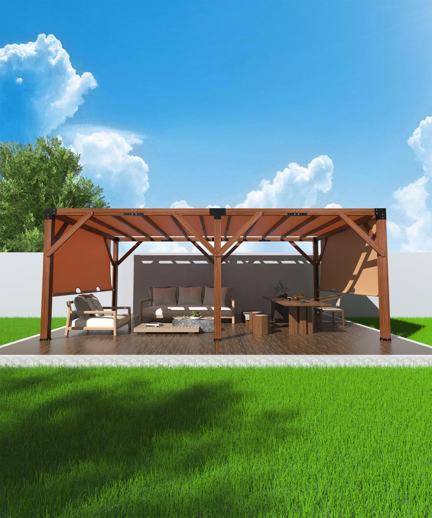 12x20 ft Cedar Wood Pergola with Retractable Shade Canopy, Metal-Reinforced Solid Wood Frame, Outdoor Patio Gazebo for Backyard, Deck, Garden