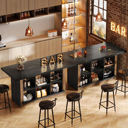 Tribesigns Bar Table with Storage, 62.6" Rectangular Home Bar Cabinet Unit with 6 Spacious Cubbies and Metal Footrests, Large Counter Height Pub Table for Home Kitchen, Dining Room, Brown & Black