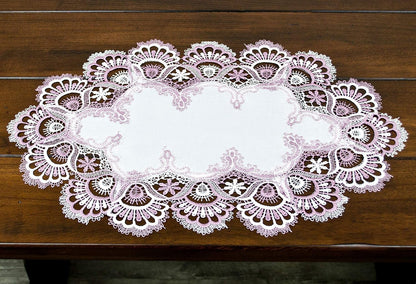 White Mauve Rose Jacquard Lace Doily, Placemats, Dresser Scarf, Table Runner Set of 2 (14Wx21L)