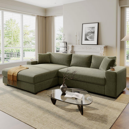 Merax Modern Oversized L-Shaped Sectional Sofa with USB Charging Port,Cup Holder, Comfy Corduroy 4-Seat Couch Set Sleeper Bed for Living Room,Green