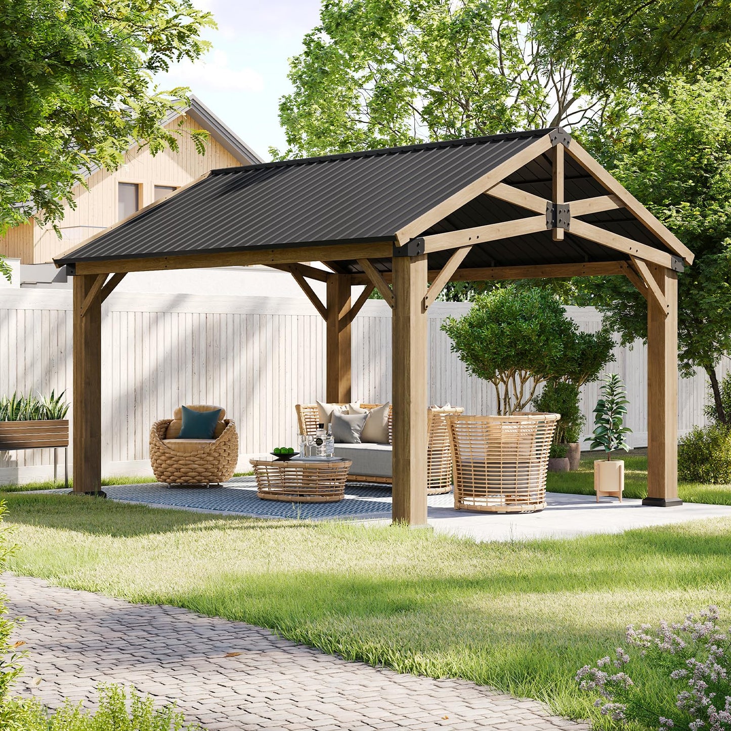 LET’S Patio 12' x 14' Outdoor Cedar Wood Gazebo, Hardtop Gazebo Permanent Wooden Pavilion with Galvanized Steel Gable Roof, for Deck, Garden, Patio, Garden
