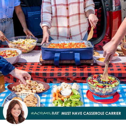 Rachael Ray Lasagna Lugger, Thermal Insulated Casserole Carrier for Hot or Cold Food, Lugger Tote for Potluck, Parties, Picnic, and Cookouts, Fits 9" x 13" Baking Dish, Navy Gingham