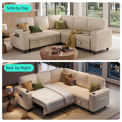 LINSY HOME Sectional Sleeper Sofa with Pull Out Couch Bed - Convertible Plush Corduroy Cloud Couch with Storage Chaise & USB Charging, Comfy L Shaped Modular Couches for Living Room Apartment, Beige